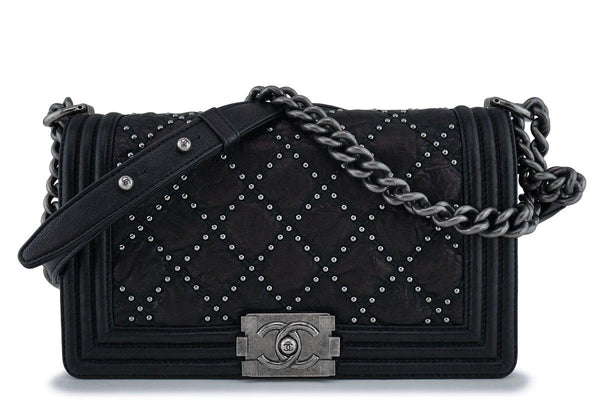 Chanel Black Crumpled Calf Studded Medium Classic Boy Flap Bag RHW - Boutique Patina