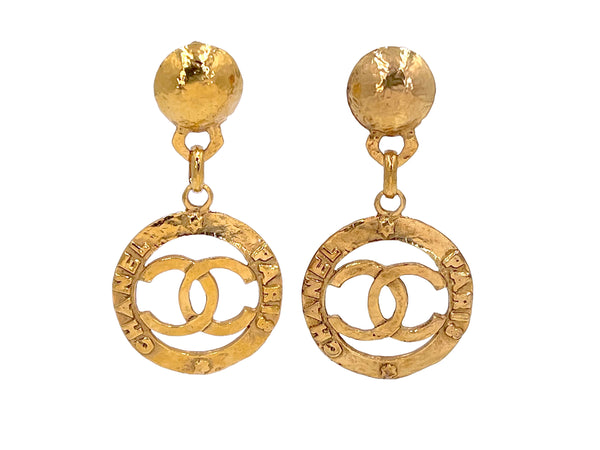 Chanel Vintage Collection 28 Logo Hoop Drop Earrings Hammered Gold Plated - Boutique Patina