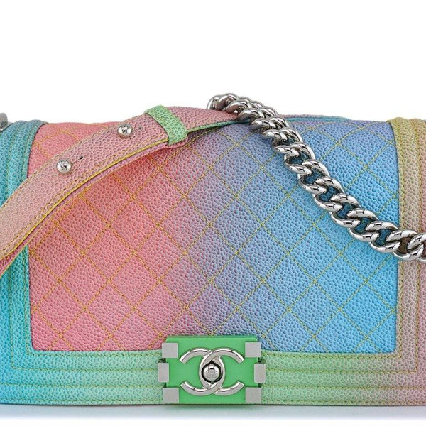 Authentic Chanel Pastel Rainbow Small Boy Bag Caviar Grained Leather
