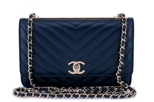 New 18P Chanel Navy Blue Rare Trendy CC Classic Wallet on Chain WOC Flap Bag GHW - Boutique Patina