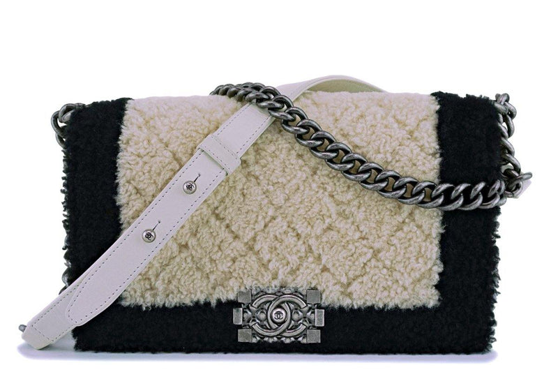 15A Chanel Medium Black/Cream Shearling Classic Boy Flap Bag RHW