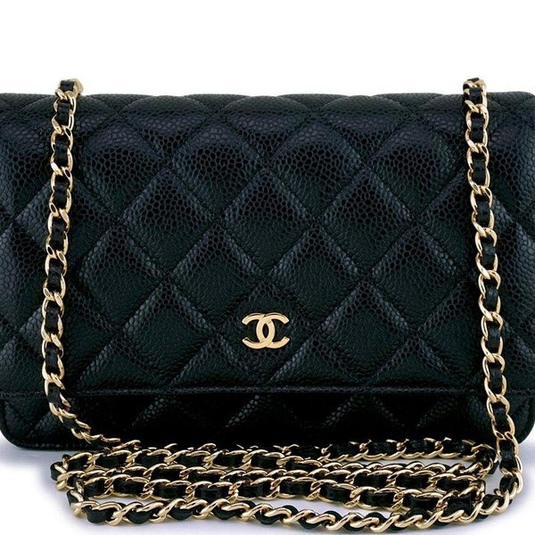 Chanel Timeless Wallet On Chain In Black Caviar Leather With Gold Hardware  in White