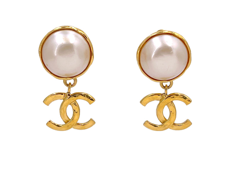 Chanel Vintage 93A Large Pearl and CC Drop Dangle Earrings