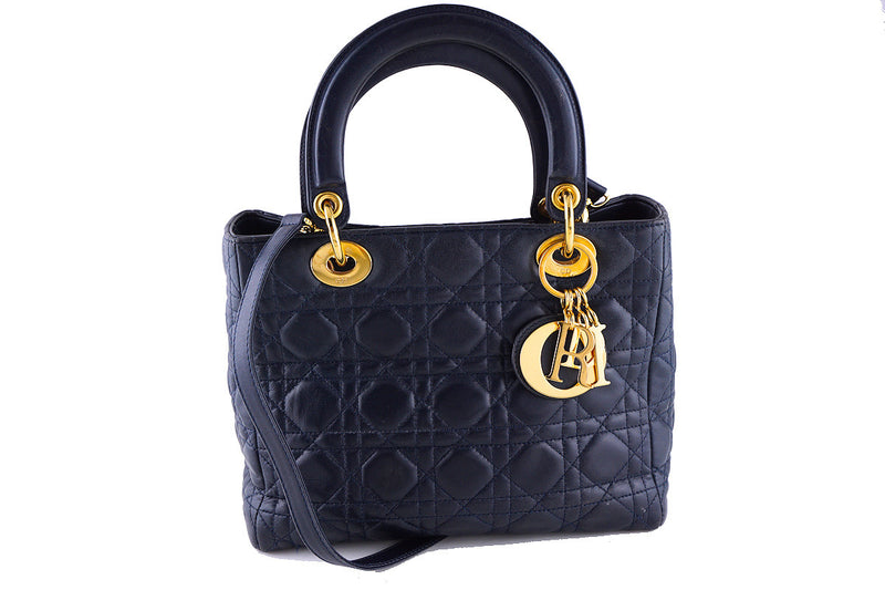 Lady Dior Navy Blue Quilted Classic Lambskin Tote Shoulder (Christian D.) Bag - Boutique Patina
