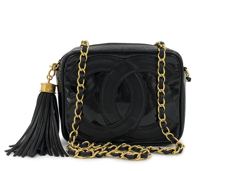 Auth CHANEL CC Camellia Chain Shoulder Bag Patent Leather Black Vintage  691LB246