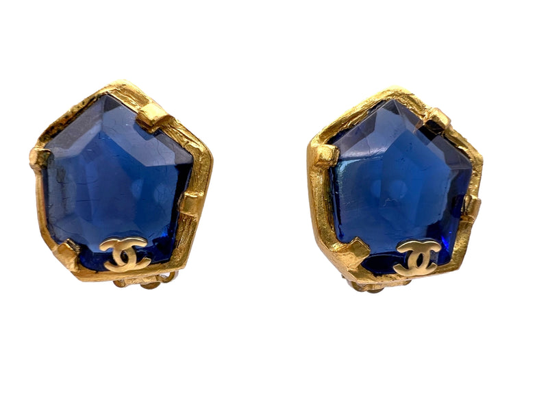Chanel 01A Vintage Blue Crystal Glass Prong CC Stud Earrings