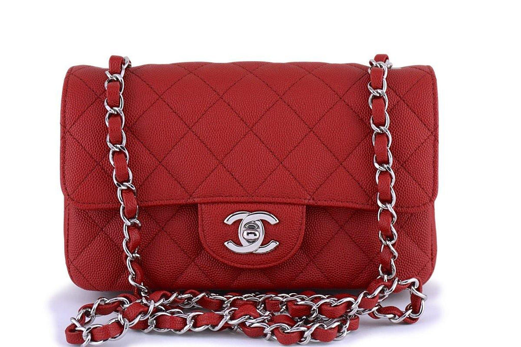 New 18C Chanel Red Caviar Classic Quilted Rectangular Mini 2.55