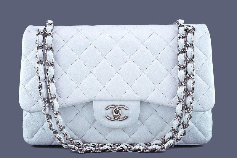 Chanel White Quilted Caviar Leather Jumbo Vintage Classic Single Flap Bag