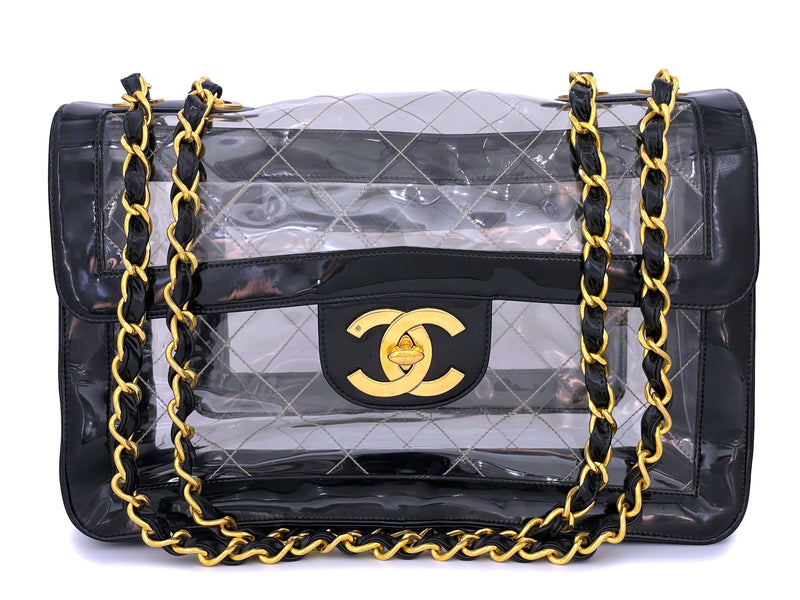 Chanel Vintage Black PVC Patent Maxi Classic Flap Bag 24k GHW