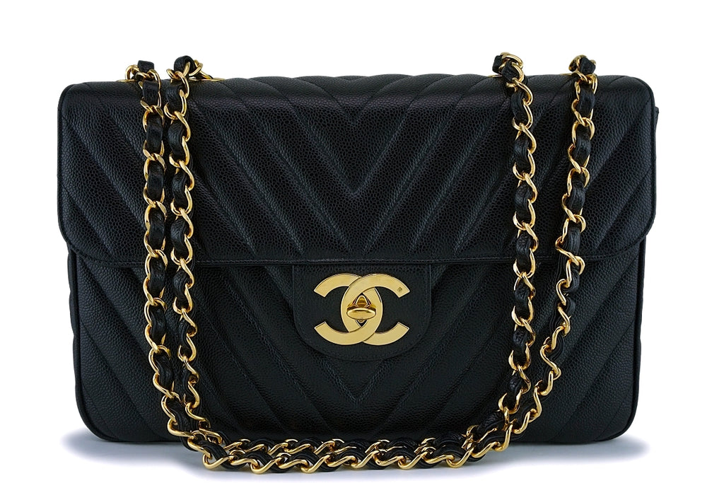 Chanel 1994 Vintage Black Chevron Caviar Maxi Jumbo XL Classic Flap Bag  24k GHW - Boutique Patina