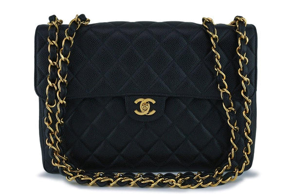 Chanel Black Caviar Jumbo Quilted Classic 2.55 Flap Bag 24k gold plated - Boutique Patina