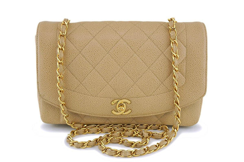 Vintage Chanel Medium Diana Flap Bag Dark Beige Caviar Gold Hardware