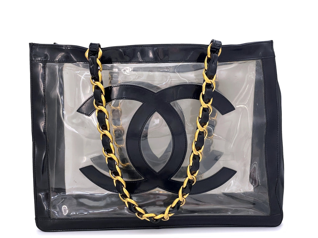 Chanel Vintage Clear Black Patent PVC Chunky Chain Tote Bag 24k