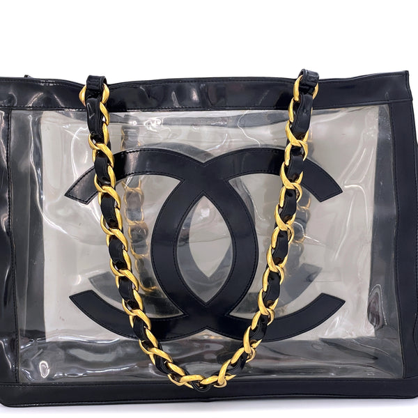 Pre-owned Chanel Vintage Cc Chain Cloth Tote In Black