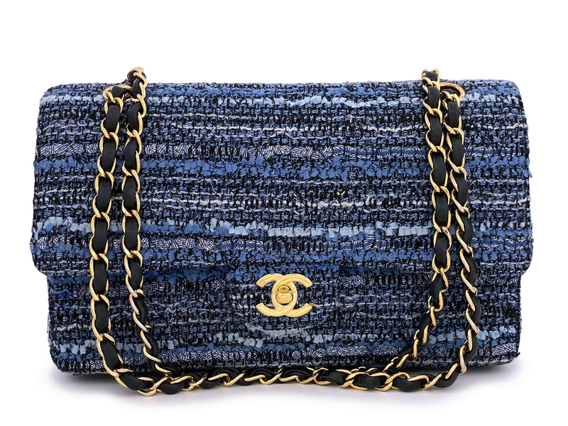 Chanel Vintage Blue Tweed Medium Classic Double Flap Bag 24k GHW