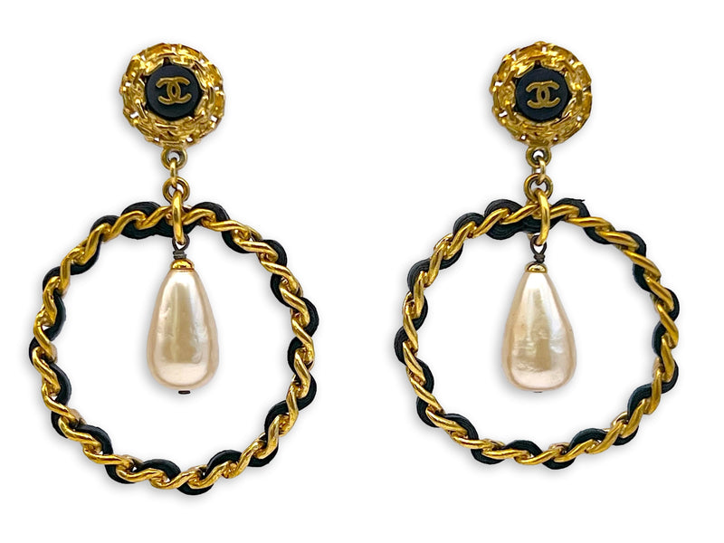 Chanel Vintage Woven Chain Collection 27 Pearl Drop Hoop Earrings