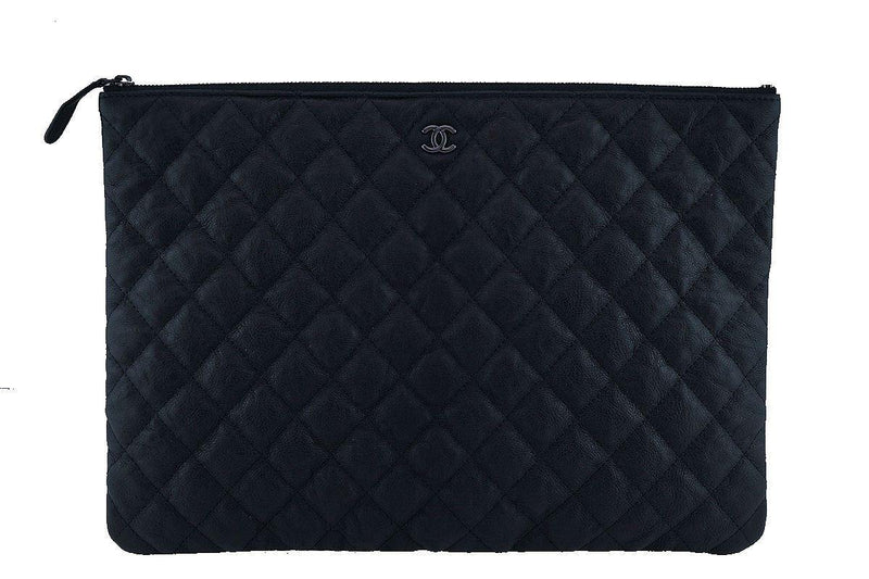 Chanel Black Quilted Caviar Leather Large O-Case Zip Pouch Chanel