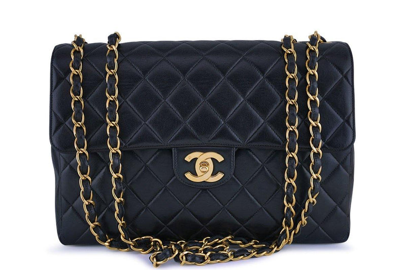 Chanel Black Lambskin Jumbo Quilted Classic 2.55 Flap Bag 24k Gold