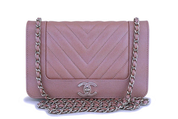 NIB 19P Chanel Iridescent Pink Caviar Rose Gold Chevron Wallet on Chain WOC Flap Bag - Boutique Patina