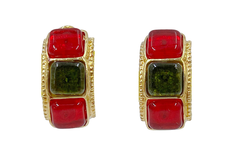 Chanel Vintage 97A Gripoix Red and Green Gripoix Stone Hoop Earrings - Boutique Patina