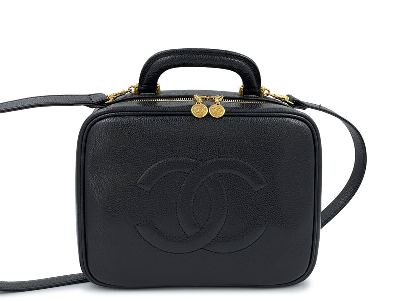Chanel Vanity Case Rare Large Vintage 90s Top Handle Black Caviar Leather  Bag