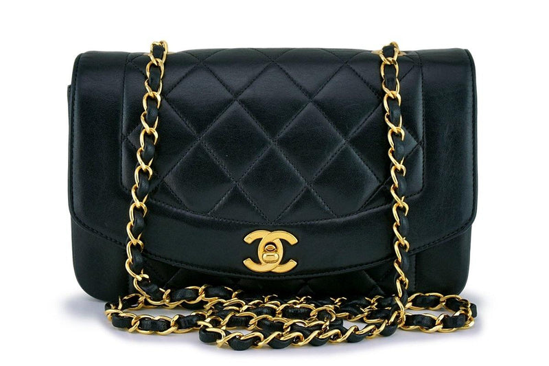 CHANEL Classic Vintage Black Diana 24K Gold Chain Medium Flap Crossbody Bag