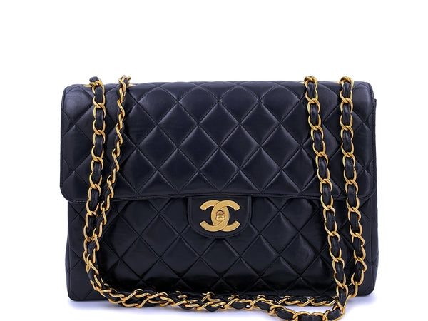 Chanel Vintage Black Jumbo Classic Flap Bag Lambskin 24k GHW - Boutique Patina