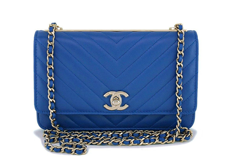 NIB 19C Chanel Blue Chevron Trendy CC WOC Wallet on Chain Flap Bag