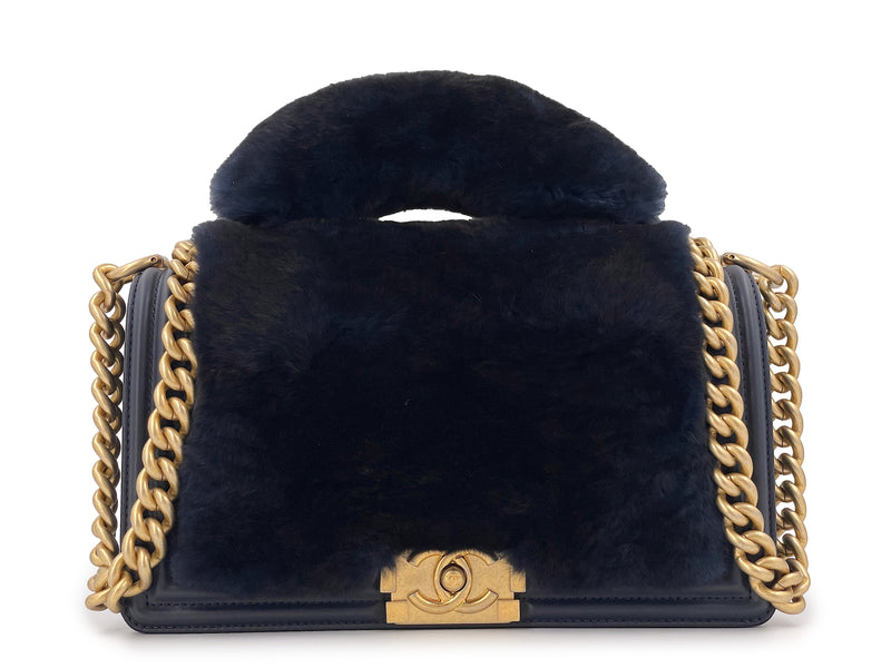 Chanel Fur Boy Handle Flap Bag Blue Black Medium GHW - Boutique Patina