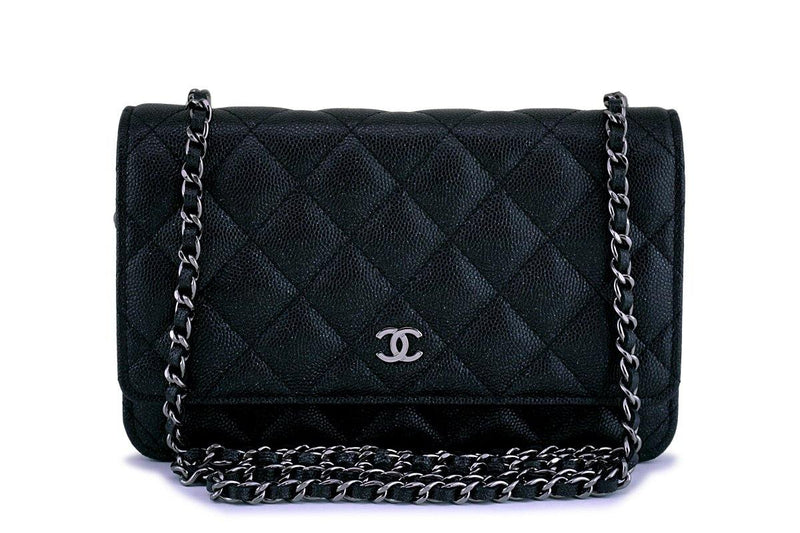 New Chanel Black Iridescent Caviar Classic Quilted WOC Wallet on Chain Flap Bag - Boutique Patina