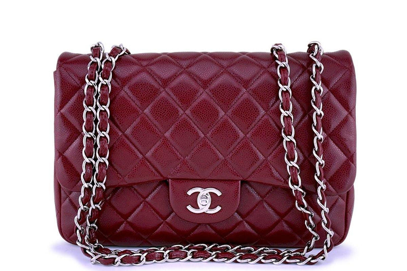 Chanel Dark Red Quilted Caviar Jumbo Classic Single Flap Silver Hardware, 2008 (Very Good)-2009, Womens Handbag