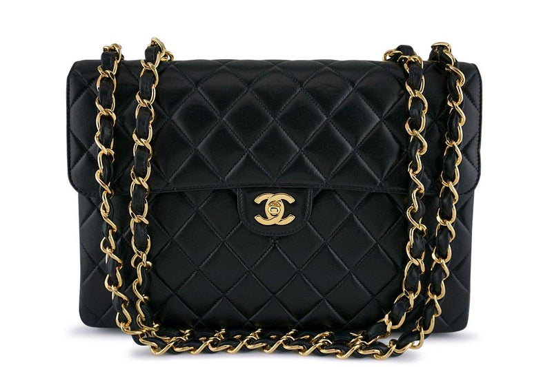 Chanel Black Lambskin Jumbo Quilted Classic 2.55 Flap Bag 24k Gold Plated - Boutique Patina