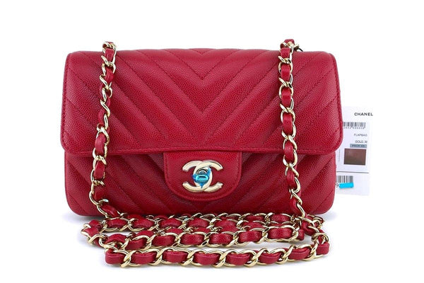 NWT 18B Chanel Pink Red Caviar Chevron Rectangular Mini Classic Flap Bag - Boutique Patina