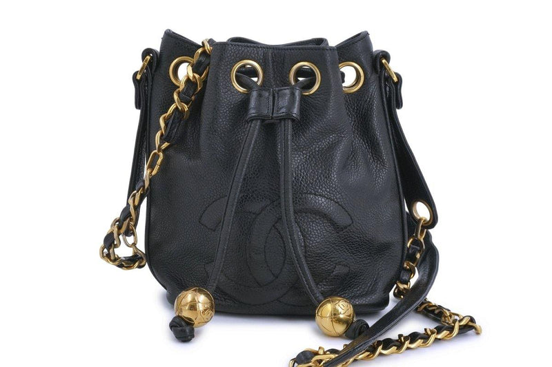 FULL SET CHANEL Vintage Black CC Charm 24K Gold Chain Bucket Backpack Bag  Pouch