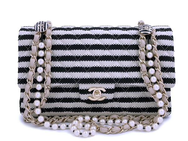 Chanel Beige-Black Coco Sailor Pearls Medium Classic Double Flap Bag GHW - Boutique Patina