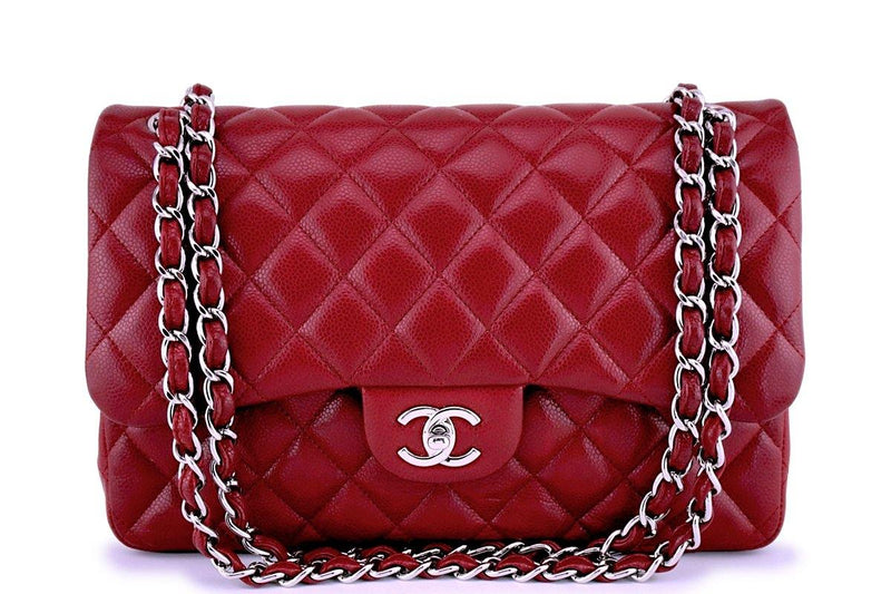 CHANEL Red Quilted Lambskin Leather Classic Jumbo Double Flap Bag