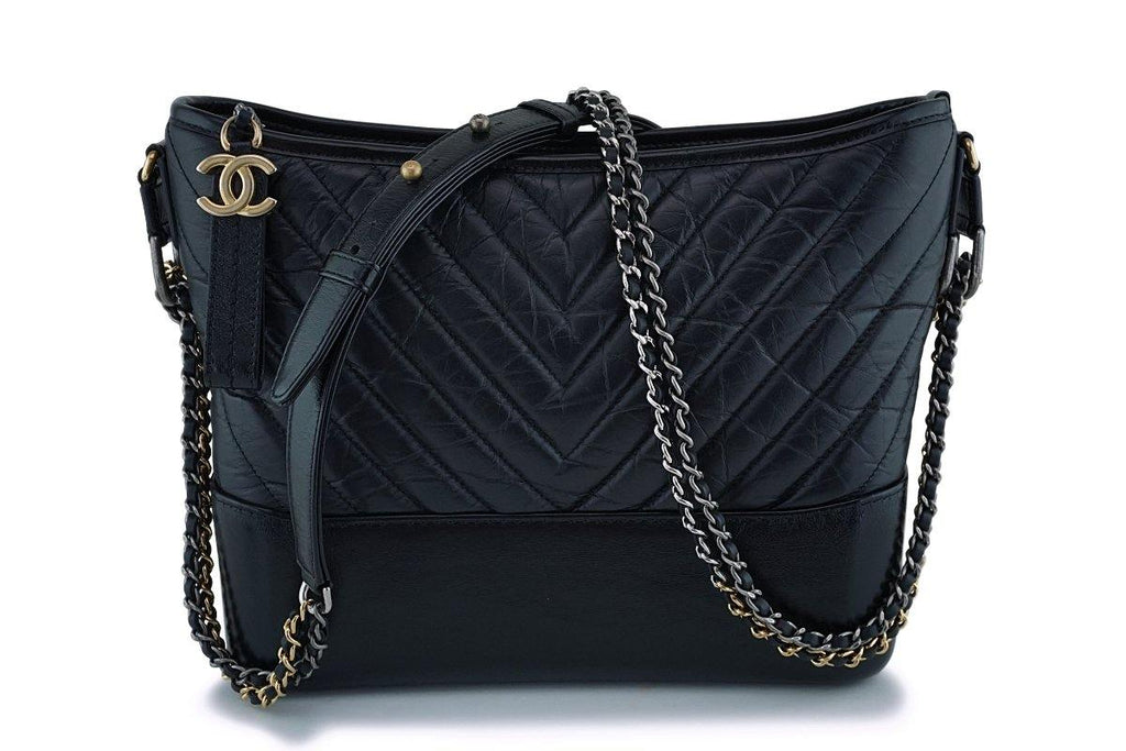 Chanel Black Calfskin Medium Chevron Gabrielle Hobo Bag