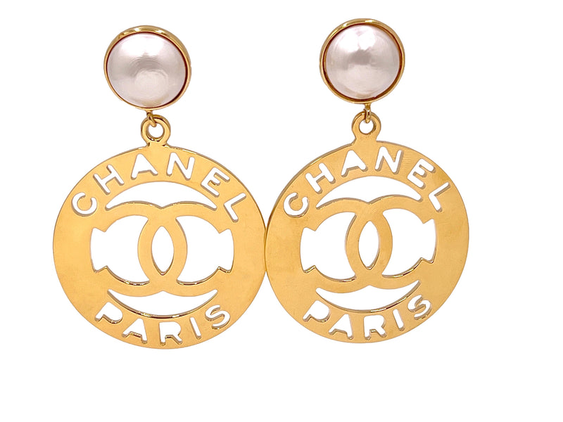 Chanel Vintage 1980s Cutout Hoop Drop Pearl Earrings - Boutique Patina