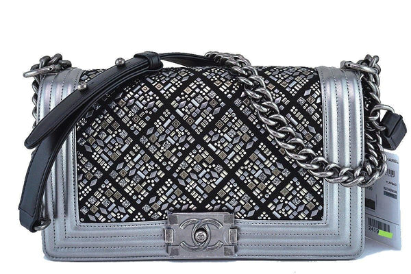 NWT 17S Chanel Silver Medium Classic Boy Embellished Flap Bag - Boutique Patina