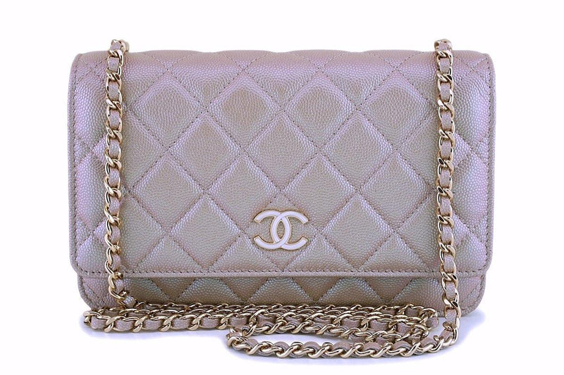 NIB 19S Chanel Iridescent Taupe Beige Rose Gold Pearly CC Wallet