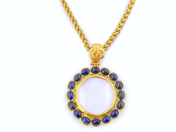 Chanel Vintage 95A Blue Stone Magnifying Glass Pendant Long Chain Necklace - Boutique Patina