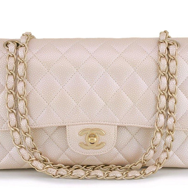 12P Chanel Pearl Beige-White Caviar Medium Classic Double Flap Bag