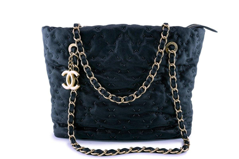 Chanel Dark Blue-Black Quilted Caviar Brushed Gold Charm Tote Bag