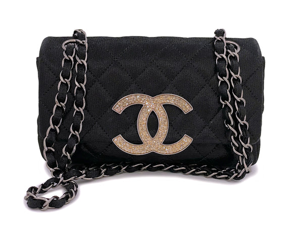 Chanel 11A Black Champagne Strass Crystals Rectangular Mini Flap Bag RHW - Boutique Patina
