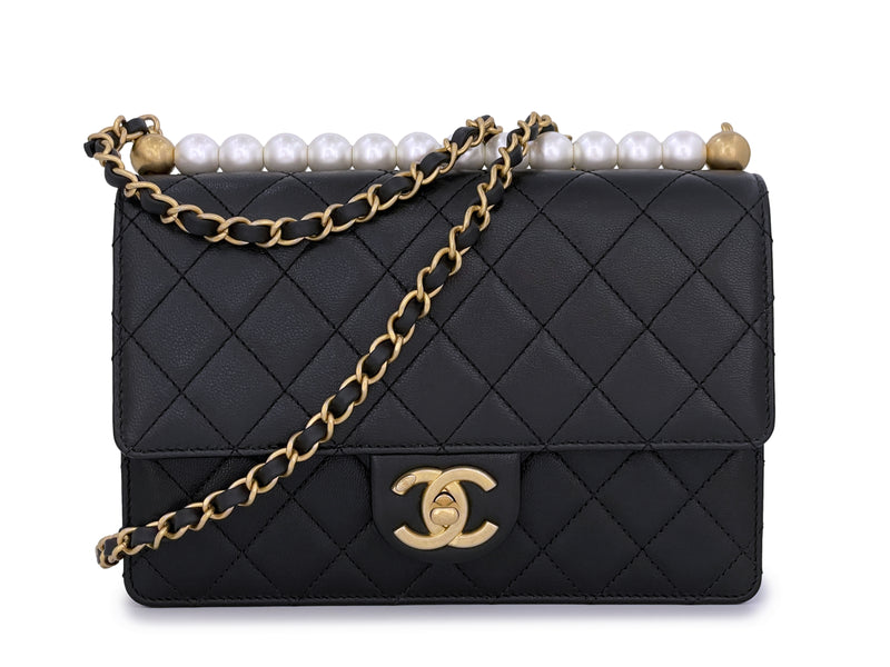 Pristine Chanel Black Goatskin Chic Pearls Quilted Flap Bag GHW - Boutique Patina