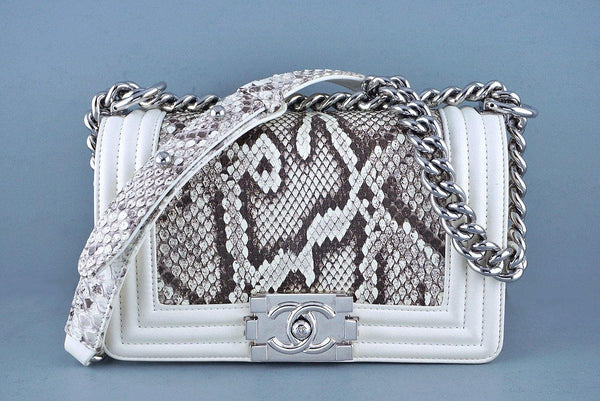 Chanel White-Cream Python Le Boy Classic Flap Bag - Boutique Patina