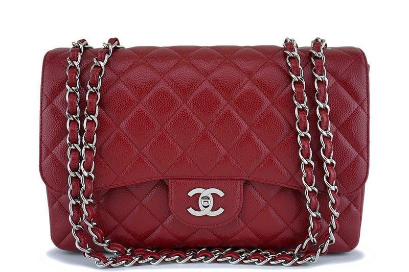 CHANEL Classic Single Flap Jumbo Bag Red Caviar with Silver Hardware 2009