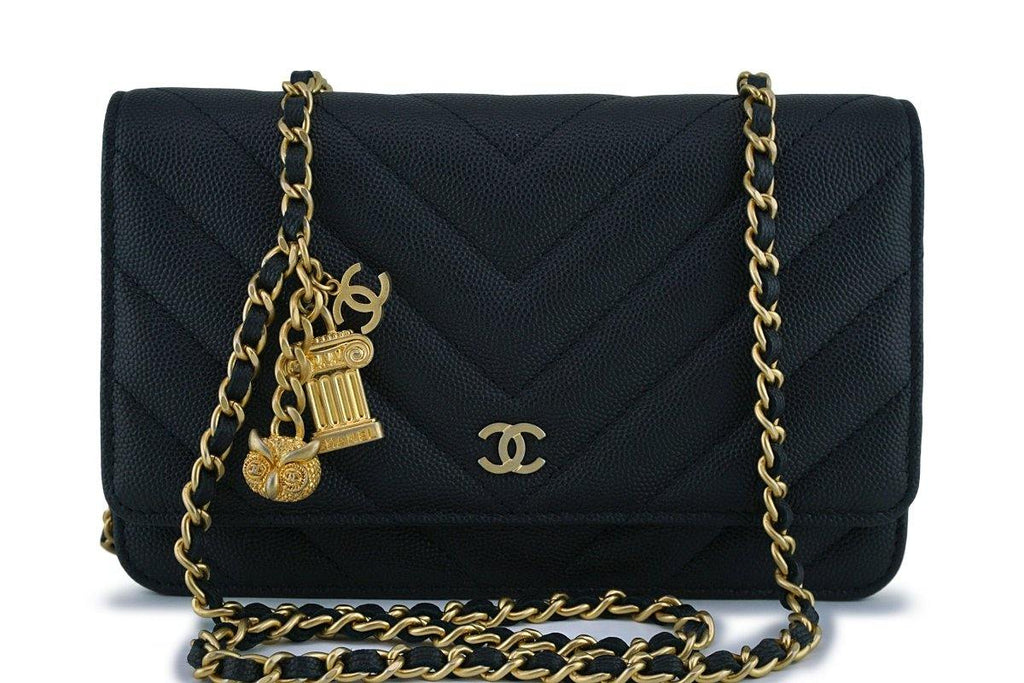 New Chanel Black Caviar Chevron Charms WOC Wallet on Chain