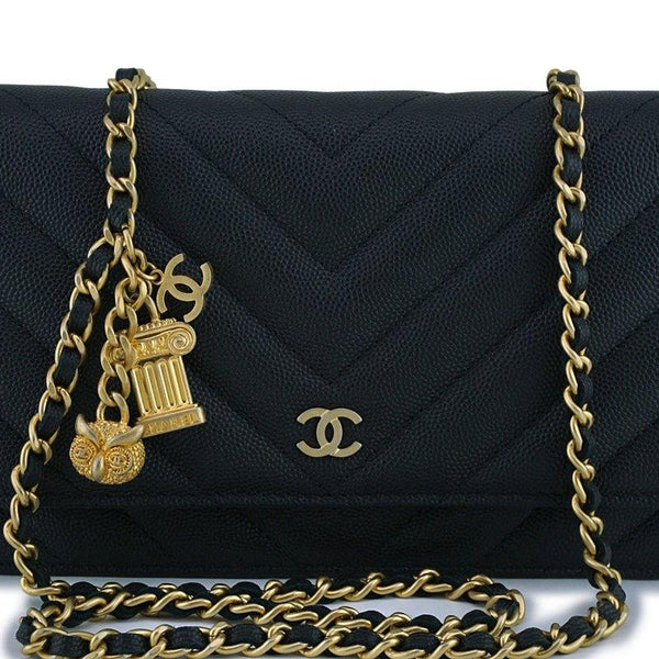 New Chanel Black Caviar Chevron Charms WOC Wallet on Chain Flap