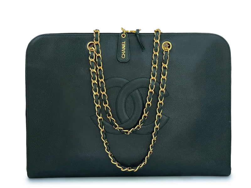Chanel Vintage Dark Green Caviar Portfolio Laptop Work Tote Bag